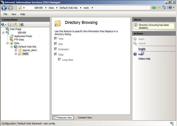 Figura 5: Abilitazione del Directory Browsing Non ci resta ora che configurare per la stessa cartella i Mime Types. MED-V infatti utilizza file con estensione.index e.