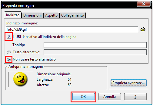 lezioni successive), se l'immagine e presente sulla pagina solo come immagine a se stessa spuntiamo la voce Non usare testo alternativo,