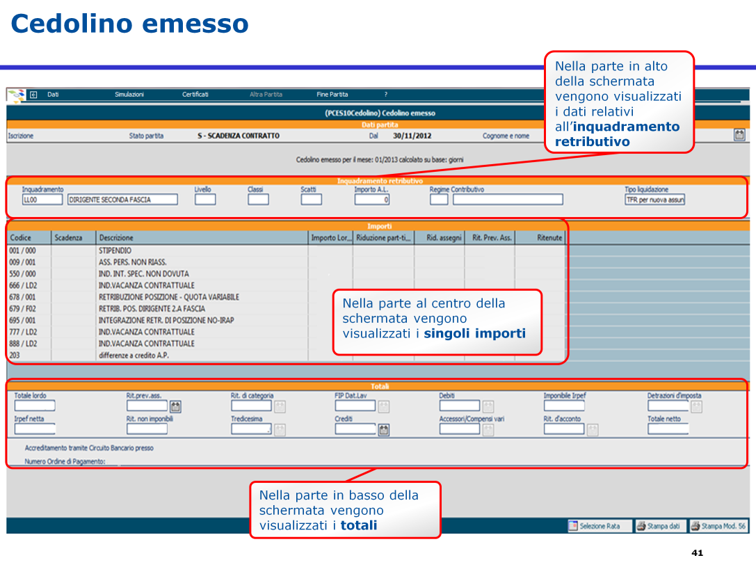 La struttura della schermata del "Cedolino Emesso" è così suddivisa: Parte in alto: vengono visualizzati i dati relativi all inquadramento retributivo, quindi la tipologia dell inquadramento, il