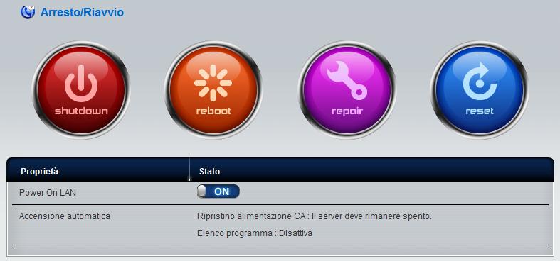 Strumenti d amministrazione Arresto/Riavvio Per spegnere o riavviare il sistema. Se il sistema ha avuto un arresto anomalo, si può cliccare sul pulsante ripara per controllare che tutto lavori.