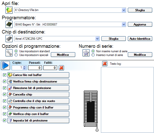 8 Batronix Manuale utente di Prog-Express B PROGRAMMAZIONE CHIP Il modo Programmazione Chip offre un interfaccia ottimizzata per la programmazione di dati da una sorgente come l Hard Disk o un CD