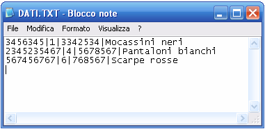 Il Files di output del programma (quello che il programma genera) usa lo stesso formato (testo ASCII) viene nominato DATI.TXT.