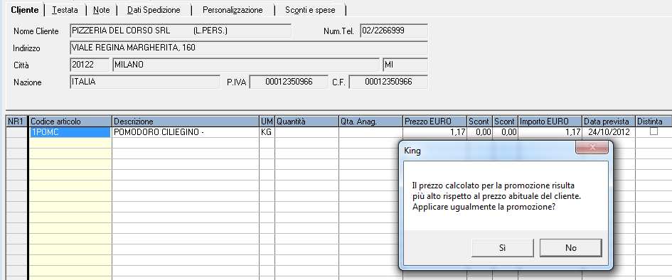 inserita una promozione con il prezzo di 1,20 In fase di caricamento del documento nel periodo della