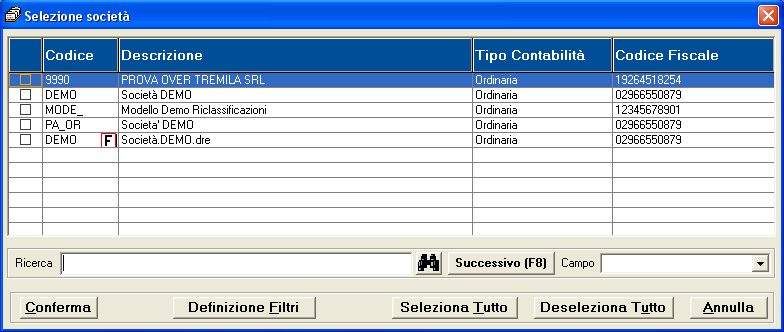 - 322 - Manuale di Aggiornamento Apparirà la lista delle società, dalla quale è possibile selezionare uno o più dichiaranti che si desiderano riprendere dalla procedura contabile: Elenco delle