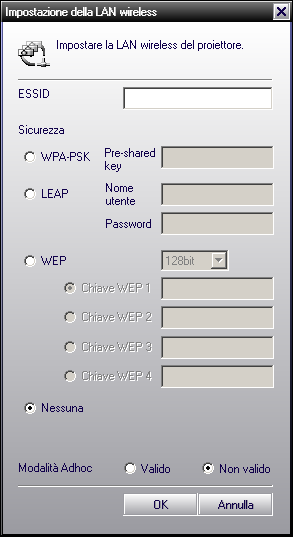 Impostazione dei parametri di rete 12 ESSID Sicurezza WPA- PSK LEAP Pre-shared key* 1 Nome utente* 1 Password* 1 Immettere l'essid per l'unità LAN wireless.
