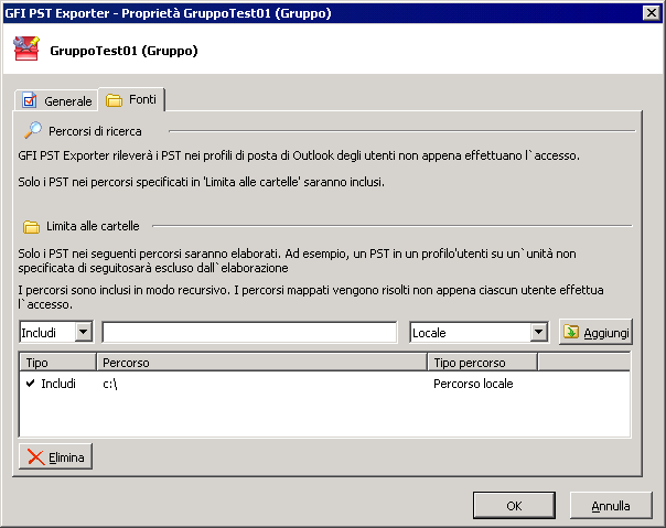 Figura 51 - GFI PST Exporter: posizioni dei gruppi di computer 8. Nella sezione Limita alle cartelle, gestire i percorsi in cui è possibile elaborare i file PST.