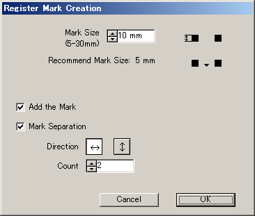 3 Impostare le dimensioni del segno di registrazione. [OK]. Voce Mark Size Recommend Mark Size Add the mark Mark Separation Descrizione Impostare le dimensioni del segno di registrazione.