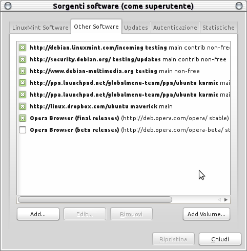 Nella scheda "Altro software" è possibile aggiungere manualmente una repository che non fa parte delle repositories ufficiali di Linux Mint e presso la quale è reperibile uno o più software specifici.