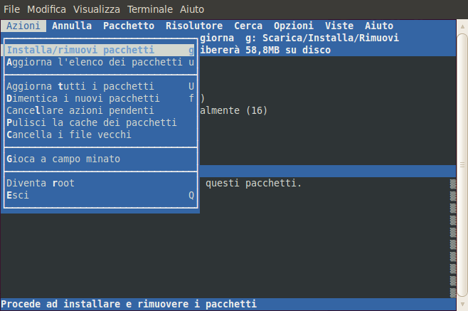 Comando: sudo aptitude full-upgrade per pulire la cache dei pacchetti scaricati: Comando: sudo aptitude clean Per conoscere di più, al riguardo dei comandi di Aptitude, aprite un terminale e