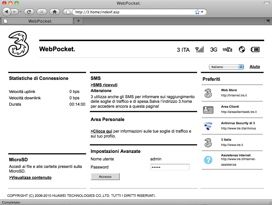 Portale WebPocket (http://3.home) Accedendo al portale WebPocket potrai visualizzare tutte le informazioni utili alla tua connessione Internet.