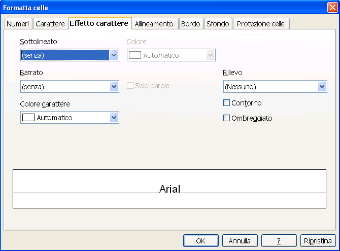 Introduzione a Calc Sottolineato: si sceglie la sottolineatura del testo Es. Punto tratto Colore: si sceglie il colore del tratteggio Es.