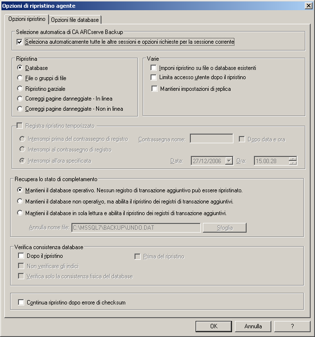 Server di ripristino Server di ripristino L'agente per Microsoft SQL Server fornisce opzioni di ripristino come mostrato nella seguente finestra di dialogo: Selezione automatica (a pagina 51) Tipo di