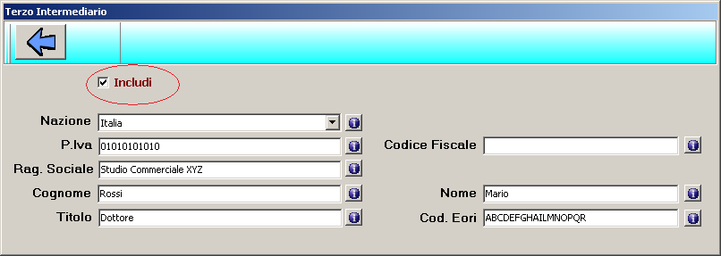 Ritorniamo alla pagina iniziale del programma. Compiliamo la parte relativa all intermediario che emette la fattura facendo attenzione a flaggare la voce Includi.