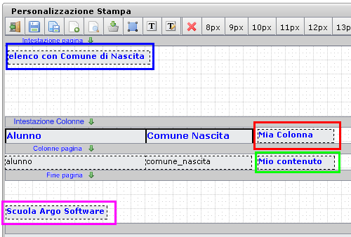 Occorre scegliere poi dove posizionare il testo (Intestazione di pagina o di colonna etc..) Nell esempio abbiamo riportato i quattro tipi di posizionamento: riq. Blu: Intestazione Pagina riq.