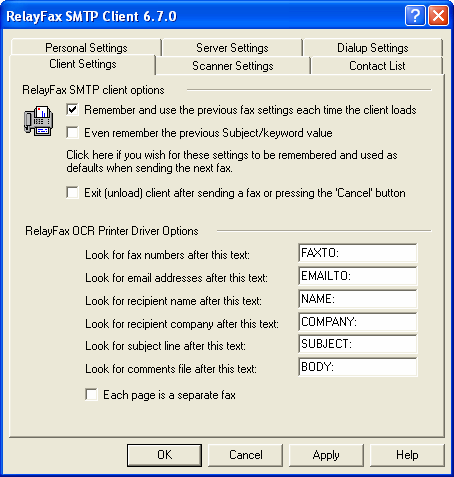 C A P I T O L O 1 5 Client Settings Opzioni del client SMTP RelayFax Remember and use the previous fax settings each time the client loads Selezionare la casella di controllo per far sì che RelayFax