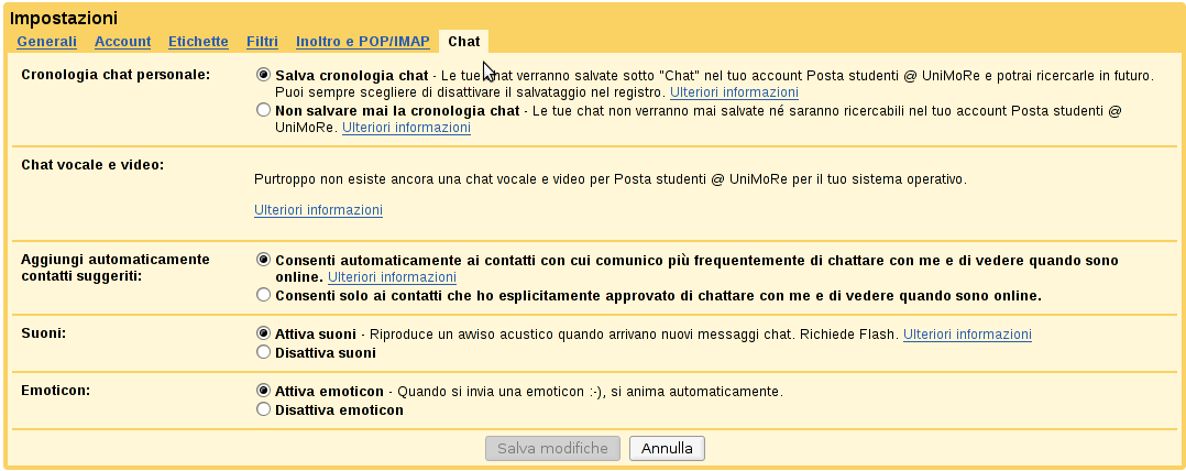 Impostazioni Chat Salvare la cronologia della chat può