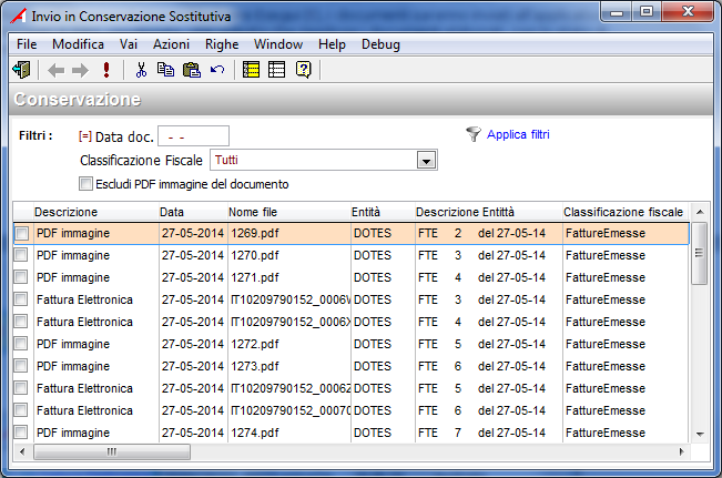 2.9.2 Conservazione sostitutiva invio massivo I documenti di fatturazione e le stampe contabili possono essere mandati in conservazione nei seguenti modi: Tramite l apposita procedura Conservazione