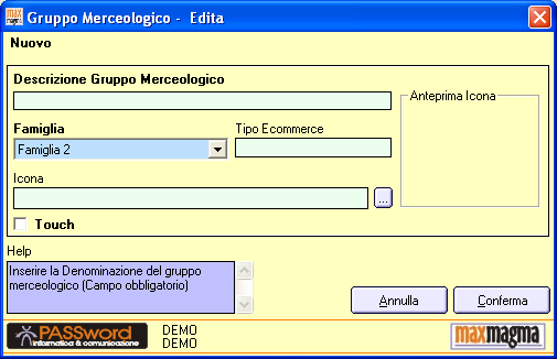 Nella parte destra della finestra si trovano i tasti che permetteranno di inserire, di modificare, di eliminare o di effettuare la stampa di tutte le famiglie ed i relativi Gruppi Merceologici.