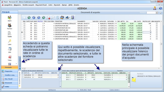 Scadenzario acquisti Il software permette anche di registrare i documenti di acquisto dei propri fornitori e gestirne le relative scadenze. Accedere al menu Documenti Fiscali -> Scadenzario acquisti.