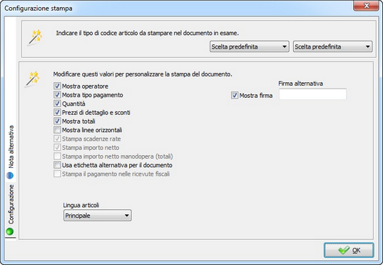 Configurazione delle stampe E possibile configurare per ogni documento alcuni parametri di stampa; premere dalla pulsantiera principale del documento.