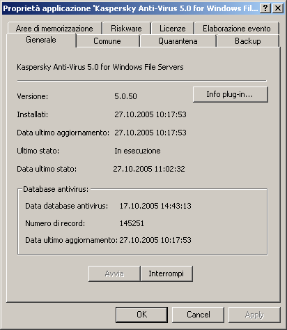 60 Kaspersky Anti-Virus 5.0 for Windows File Servers Figura 21. Finestra Proprietà applicazione La scheda Generale 6.2.2.2. Configurazione delle impostazioni supplementari dell'applicazione La scheda Comune (cfr.