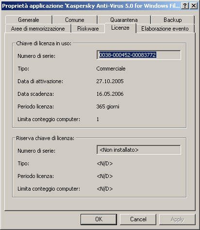 68 Kaspersky Anti-Virus 5.0 for Windows File Servers 6.2.2.6. Visualizzazione delle informazioni sulla chiave di licenza La scheda Licenze (cfr.