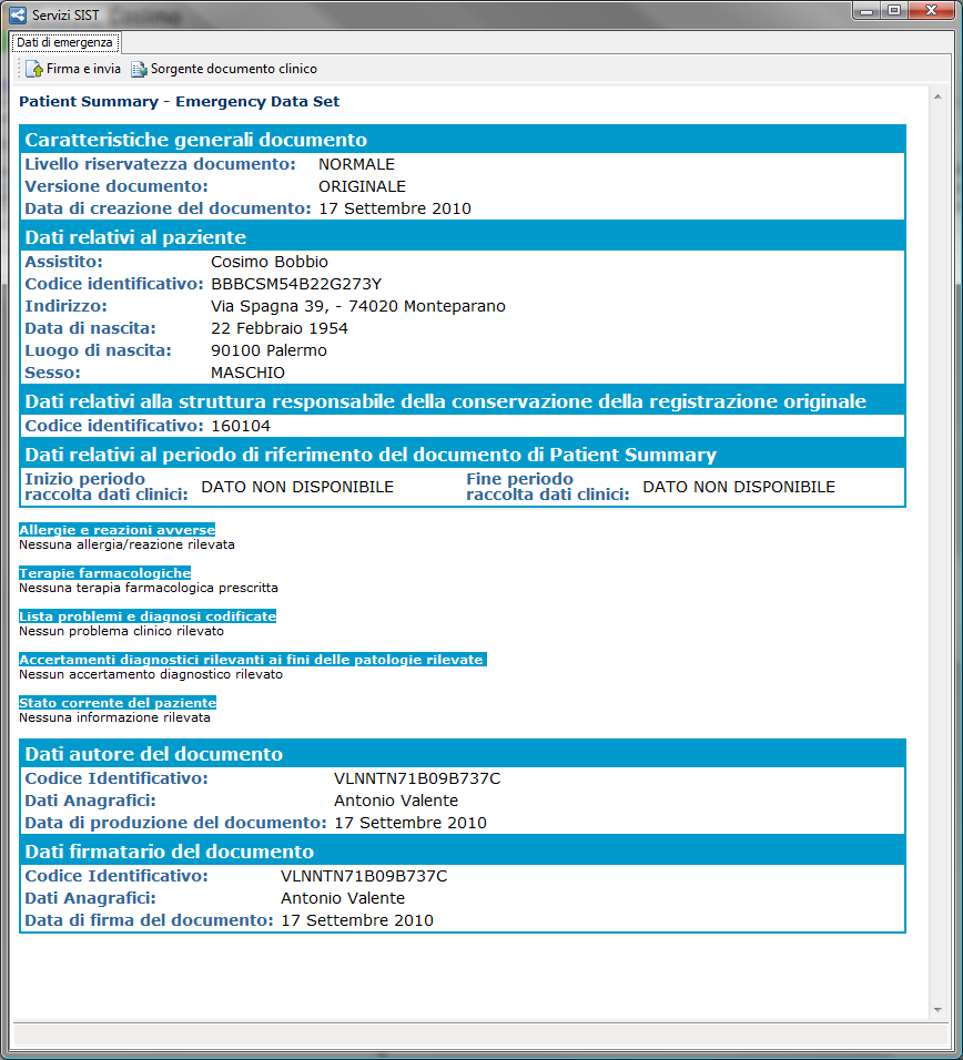 Nel caso in cui si tenti un recupero dei Dati di emergenza di un paziente ma gli stessi non sono presenti sul server centrale verrà notificata la mancanza con il messaggio in figura.