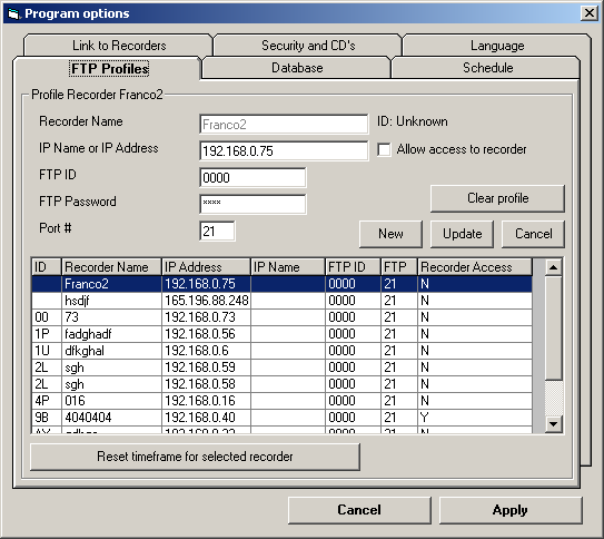 8.1 FTP profiles Il tab FTP profiles. Questo tab contiene la lista dei recorders a cui ci si collega.