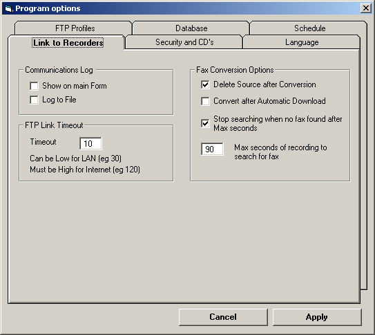 8.2 Impostazioni FTP e Fax Nel tab Link to Recorders si possono effettuare una serie di settaggi su FTP e conversione fax. Il tab Link to Recorders. 8.2.1 Impostazioni FTP Per tenere traccia delle