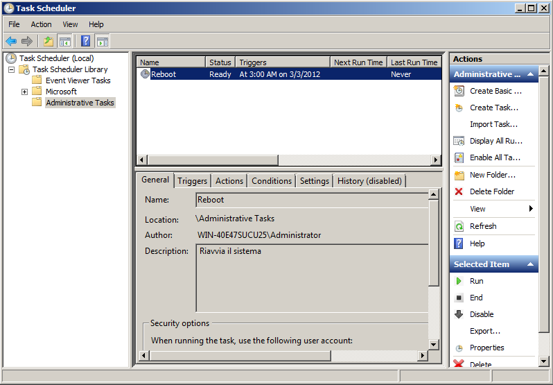 Configurazione di un task schedulato, Task Scheduler Nella finestra principale