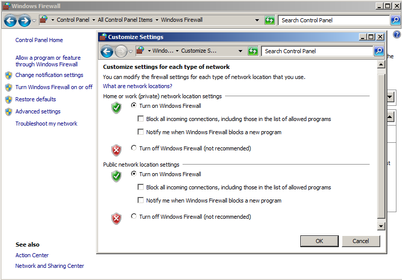 Firewall di Windows Attivazione/Disattivazione del