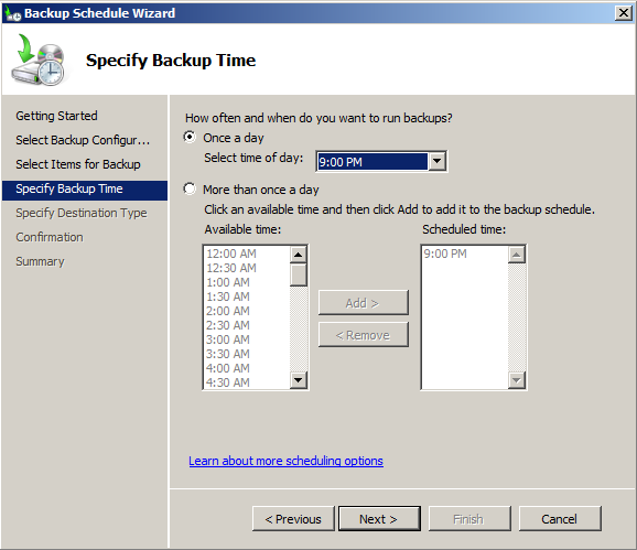 Backup di Windows In questo passaggio del Wizard selezioniamo la schedulazione del