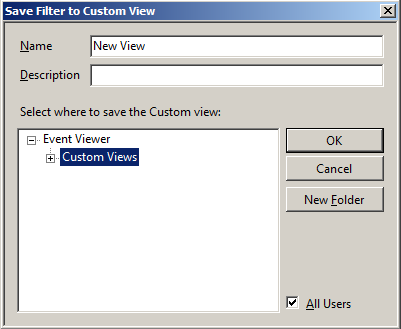 Event Viewer, «Custom View» Alla fine della procedura viene chiesto