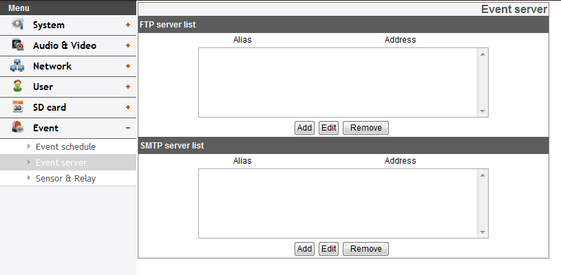 Event Server I server Eventi servono per ricevere gli spezzoni video registrati e/o messaggio di notifica.