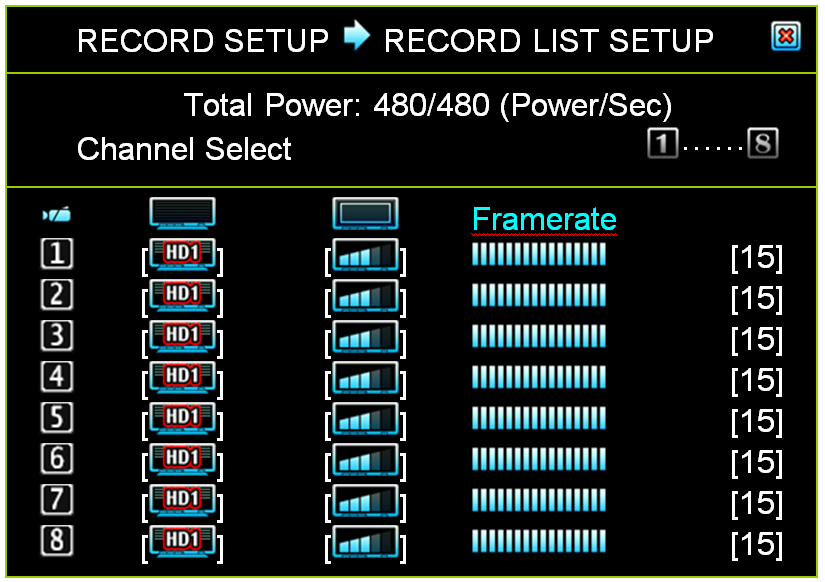 Record List Setup E' possibile distribuire tra i vari canali il framerate/risoluzione/qualità utilizzate in registrazione in maniera veloce ed intuitiva.