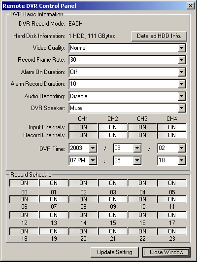 5.GESTIONE DVR (DVR Management) - DVR Record mode (modalità di registrazione) Si può vedere se la registrazione è in modalità di (Each/Quad).