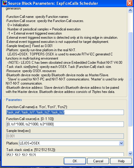 3.4.4 SCHEDULER E TASKS: Il blocco ExpFcnCalls Scheduler (Fig. 3.16) deve essere configurato con la dimensione dello stack, con il nome e il periodo del task. Figura 3.