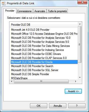 Figura 63 La lista dei provider OLE DB disponibili può variare da macchina a macchina.