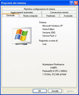 Windows Xp Selezionando Sistema dal Pannello di Controllo (in visualizzazione classica ) di Windows Xp, compare la