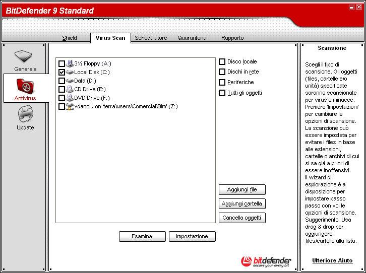 07 Console di gestione Modulo Antivirus Virus Scan In questa sezione è possible configurare il BiDefender per scansionare il tuo computer.