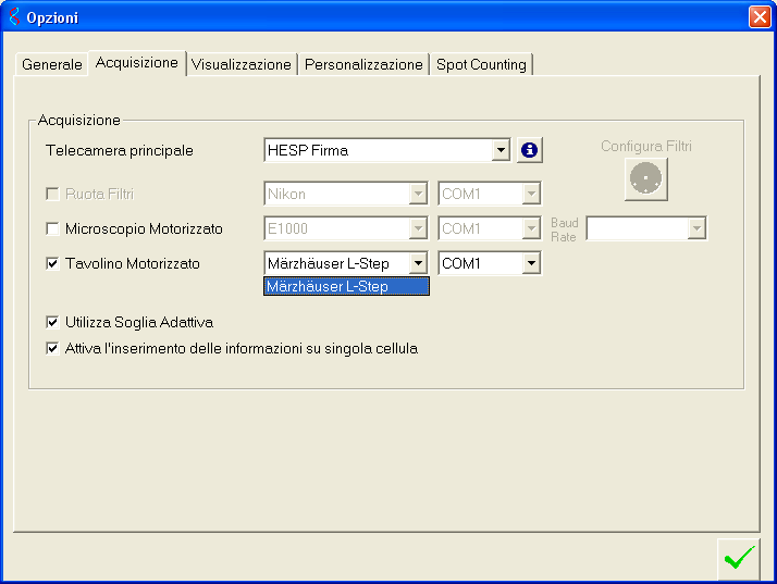 15.3.6 Tavolini motorizzati Dal menu di personalizzazione è consentito introdurre il tavolino merzauser mentre sul menu dello Spot counting è interfacciabile quello della Prior Fig.15.14 tavolino Merzauser 15.