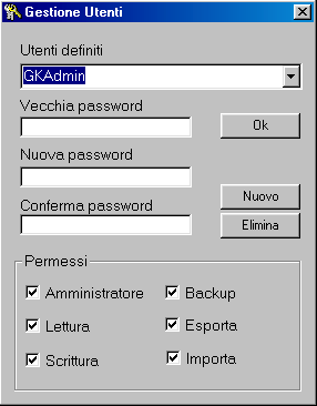 Genikon 3.3 Gestione degli utenti (utilizzatori) Gli utenti di Genikon sono definiti scegliendo la voce Gestione utenti dal menù File. N.B.