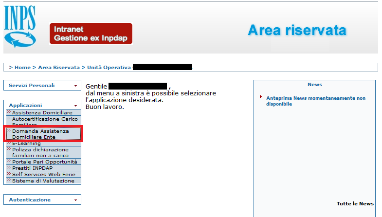 2.3 AREA RISERVATA L area riservata permette di accedere alle funzionalità per le quali si è abilitati. Selezionando il link Domanda Assistenza Domiciliare Ente, si avrà accesso all applicazione.