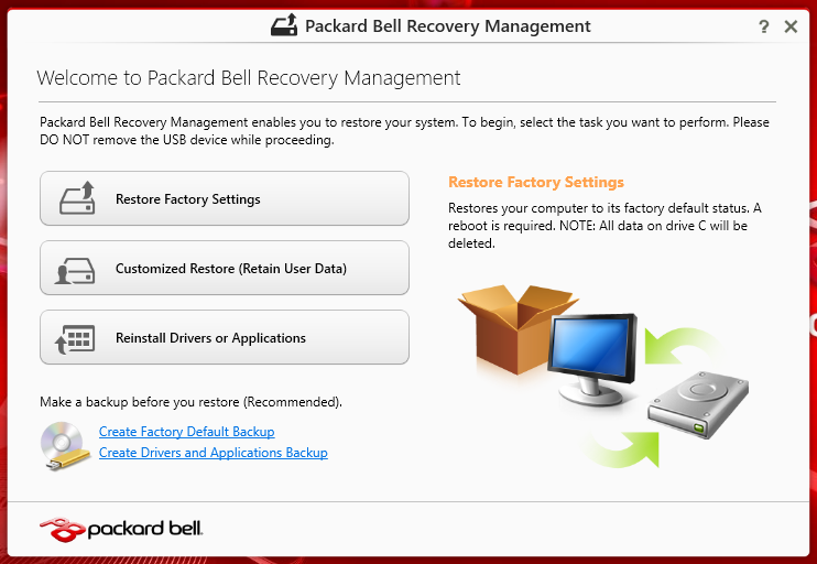 Ripristino personalizzato con Packard Bell Recovery Management 1.