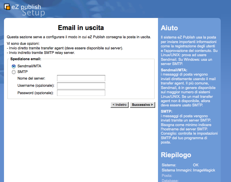 Figura 1.4: Passaggio 3: E-mail in uscita ez Publish usa le E-mail to send out miscellaneous notices. Questo passaggio è usato per configurare come ez Publish spedisce le E-mail in uscita.