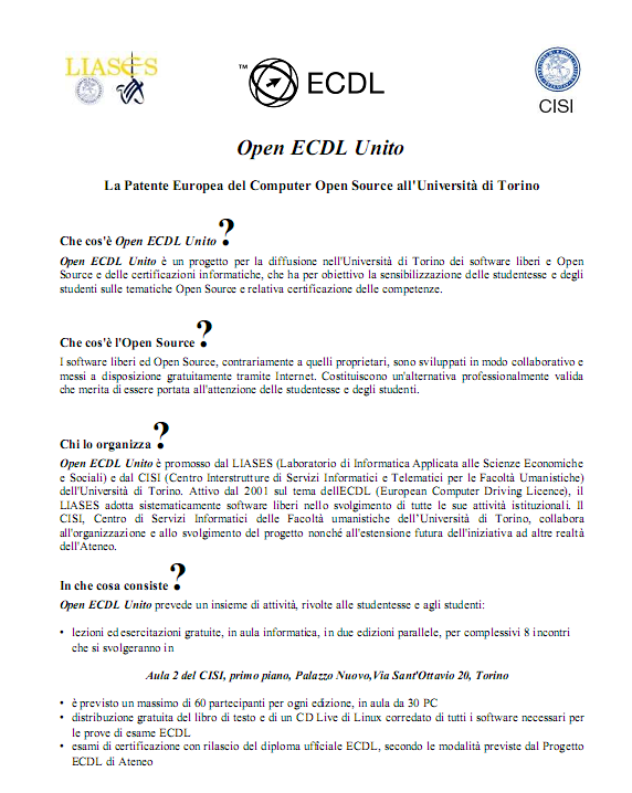 Open ECDL Unito Facoltà umanistiche Collaborazione con CISI