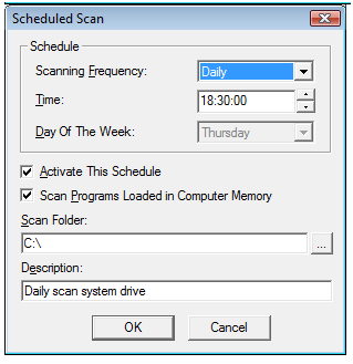 Una scansione programmata esistente può essere cambiata selezionando il pulsante Edit, oppure rimuovendola selezionando il pulsante Remove.