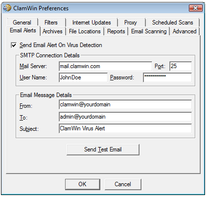 Avvertimento e-mail Clamwin invia un rapporto e-mail quando un virus è individuato, selezionando l'opzione Send Email Alert On Virus Detection.