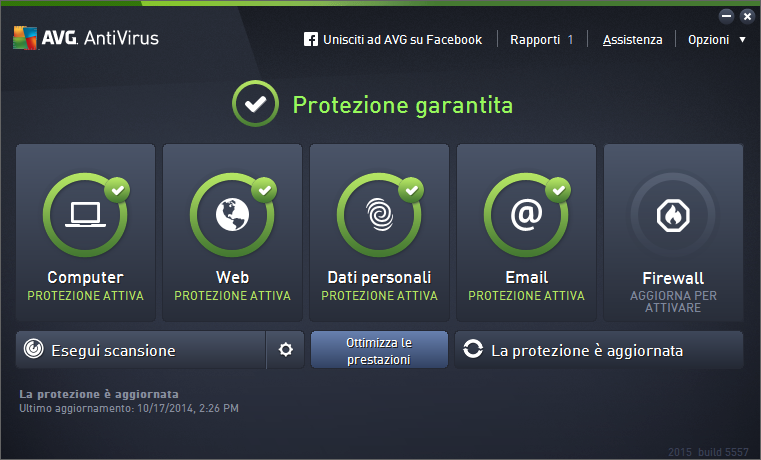 5. Interfaccia utente di AVG AVG AntiVirus 2015 si apre visualizzando la finestra principale: La finestra principale è suddivisa in diverse sezioni: Nel menu di spostamento superiore sono presenti