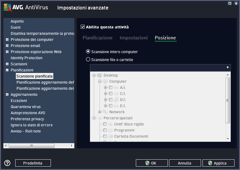 Nella scheda Posizione è possibile definire se si desidera pianificare la scansione dell'intero computer o la scansione di file o cartelle.